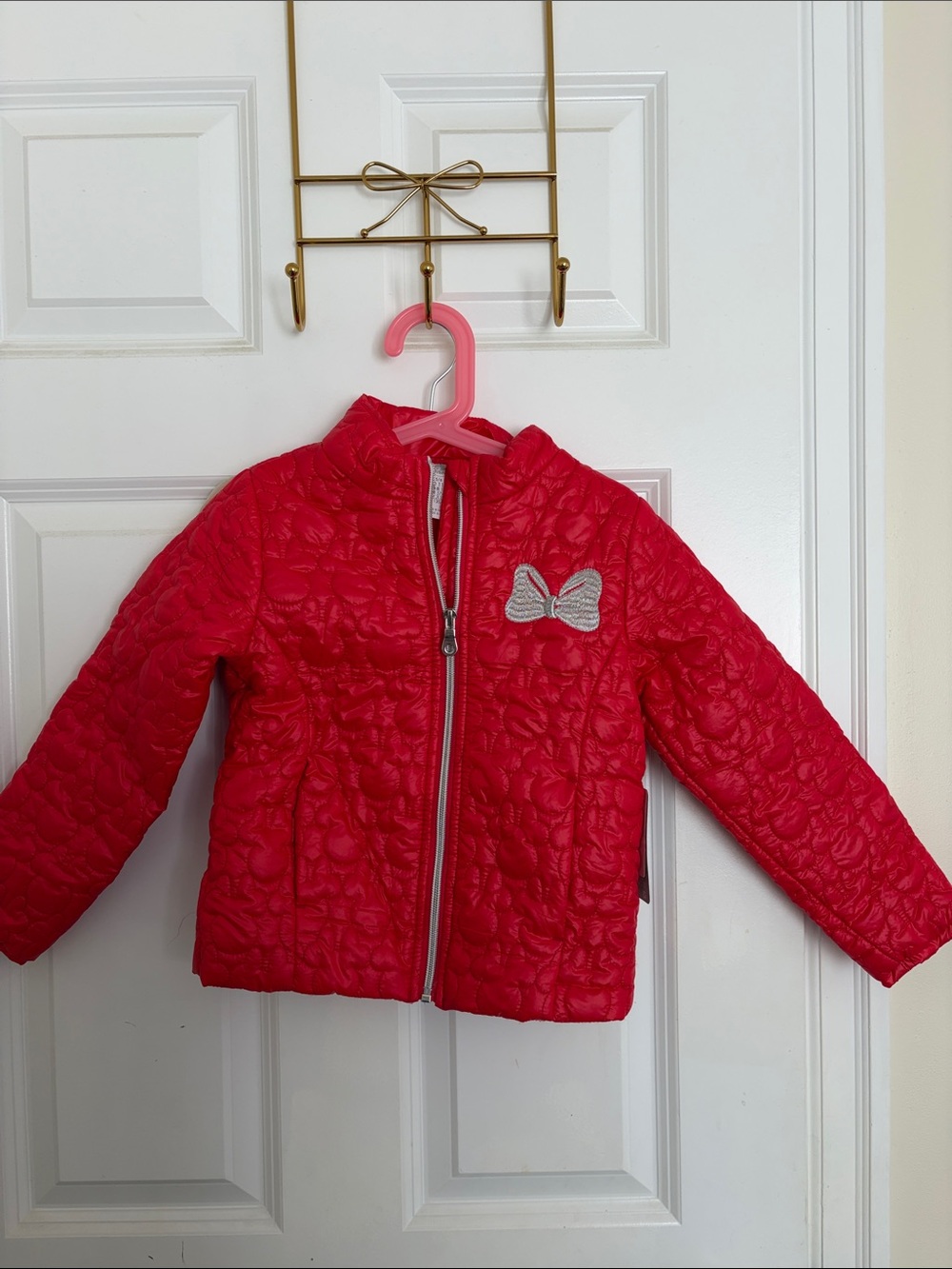 Disney Bright Red Quilted Puffer Jacket with Bow Accent